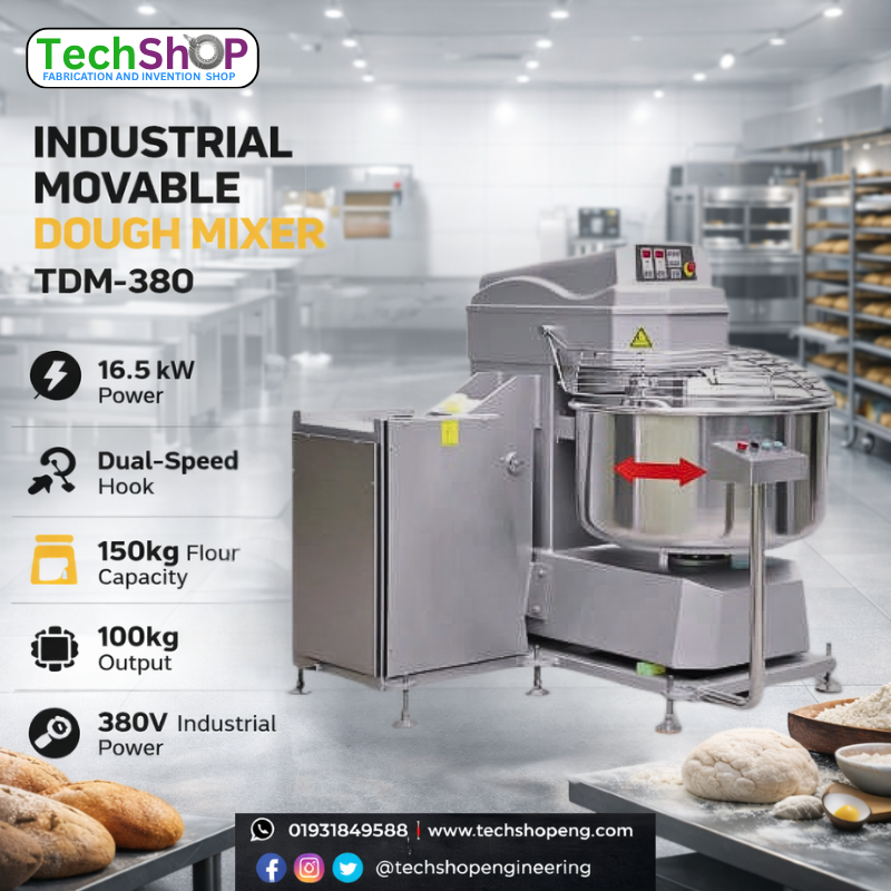 Industrial Movable Dough Mixer TDM-380 | 150kg Flour Capacity Heavy Duty Spiral Dough Kneading Machine