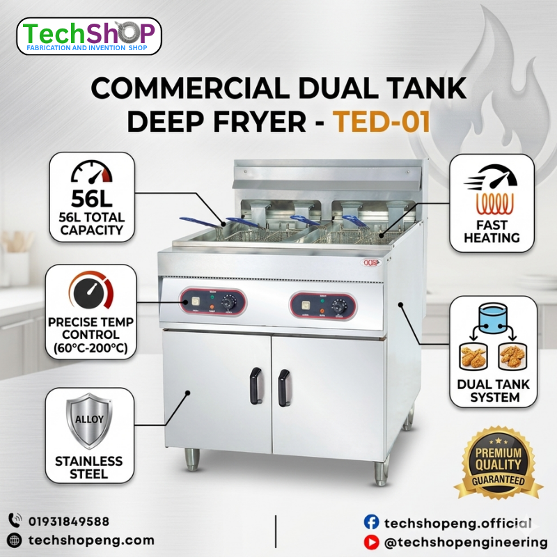 TechShop Engineering Commercial Electric/Gas Deep Fryer TED-01 – Dual Tank 56L Stainless Steel Industrial Fryer